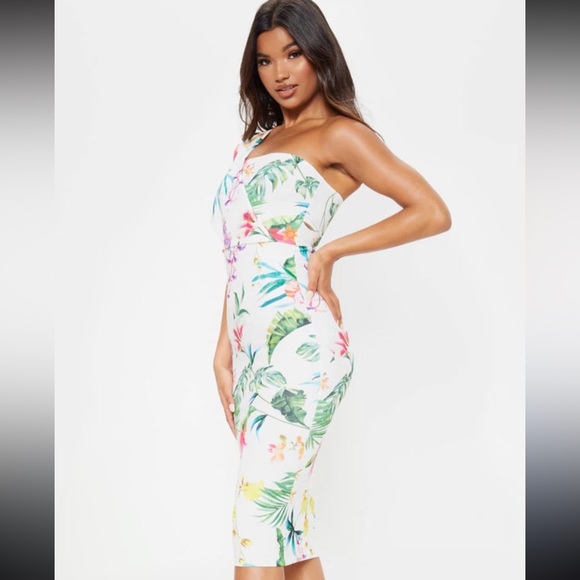 Dresses & Skirts - White Floral Print One Shoulder Drape Midi Dress Brand New